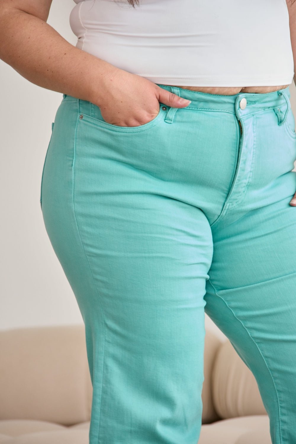 Tummy Control High Waist Raw Hem Jeans in Island GreenJeansRFM
