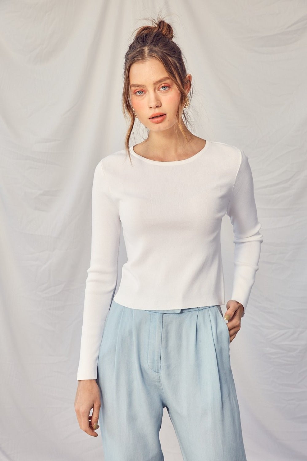 Twisted Backless Long Sleeve Knit Top in Off-WhiteTopIDEM DITTO