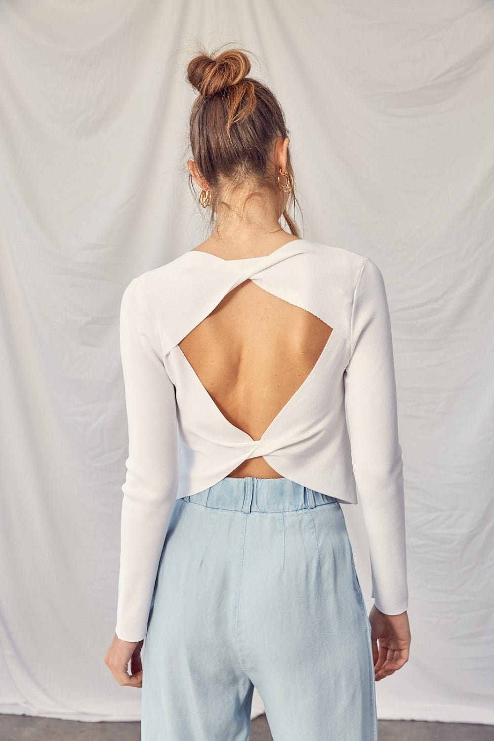 Twisted Backless Long Sleeve Knit Top in Off-WhiteTopIDEM DITTO