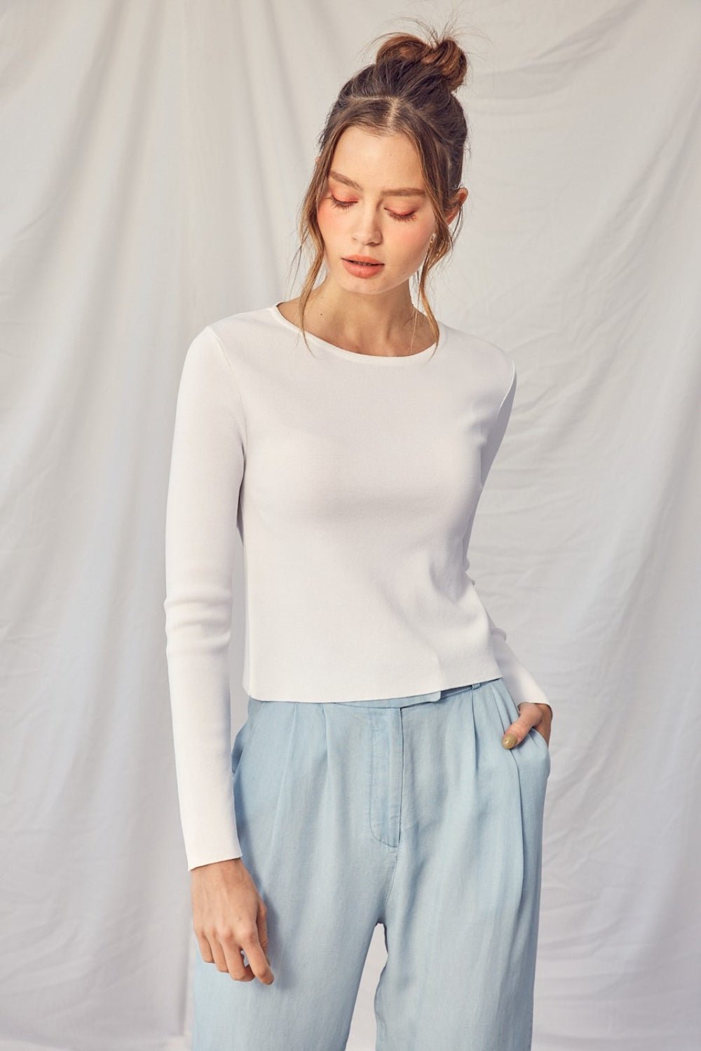 Twisted Backless Long Sleeve Knit Top in Off-WhiteTopIDEM DITTO