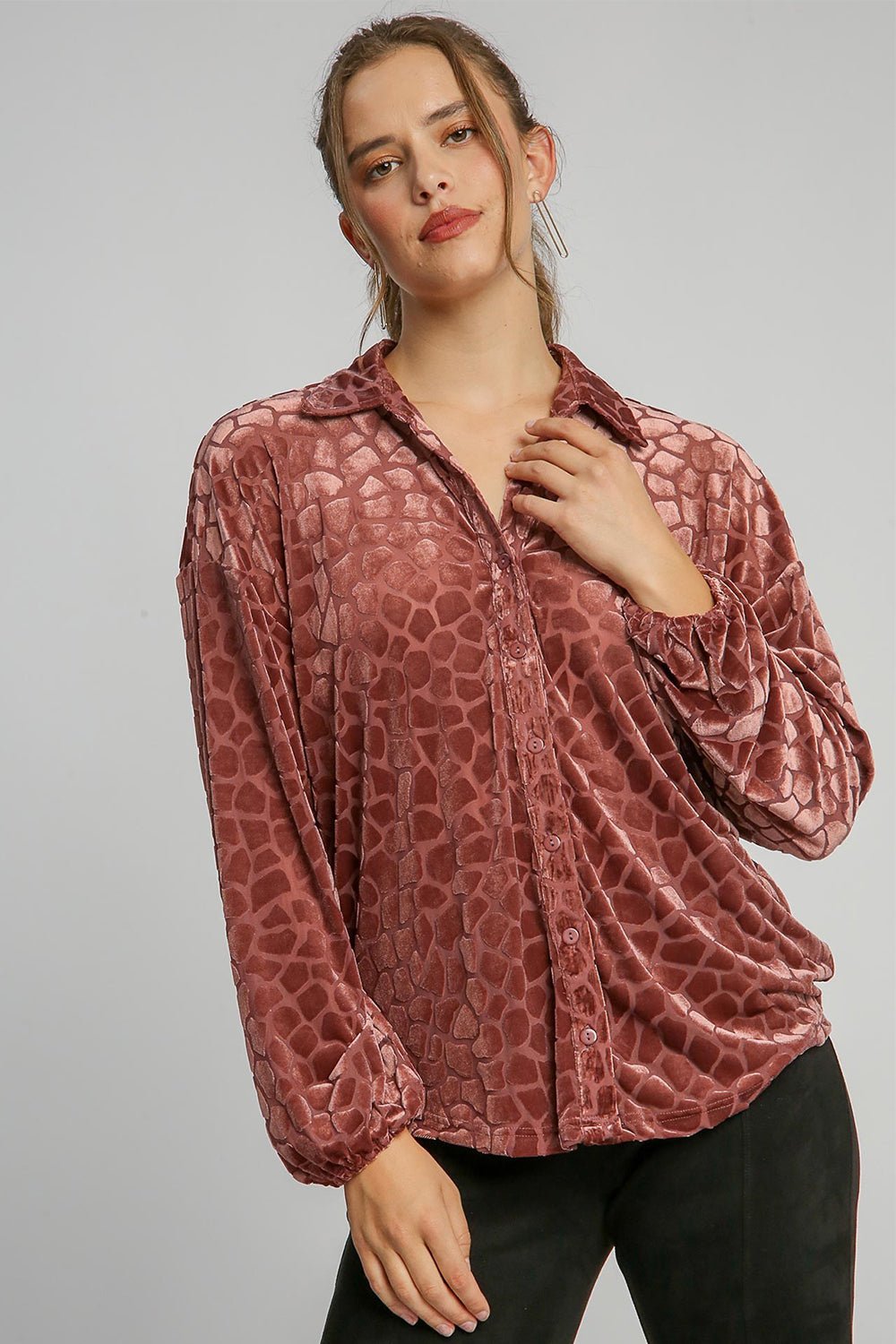 UMGEE - Animal Print Button Up Velvet Shirt in Rosewood