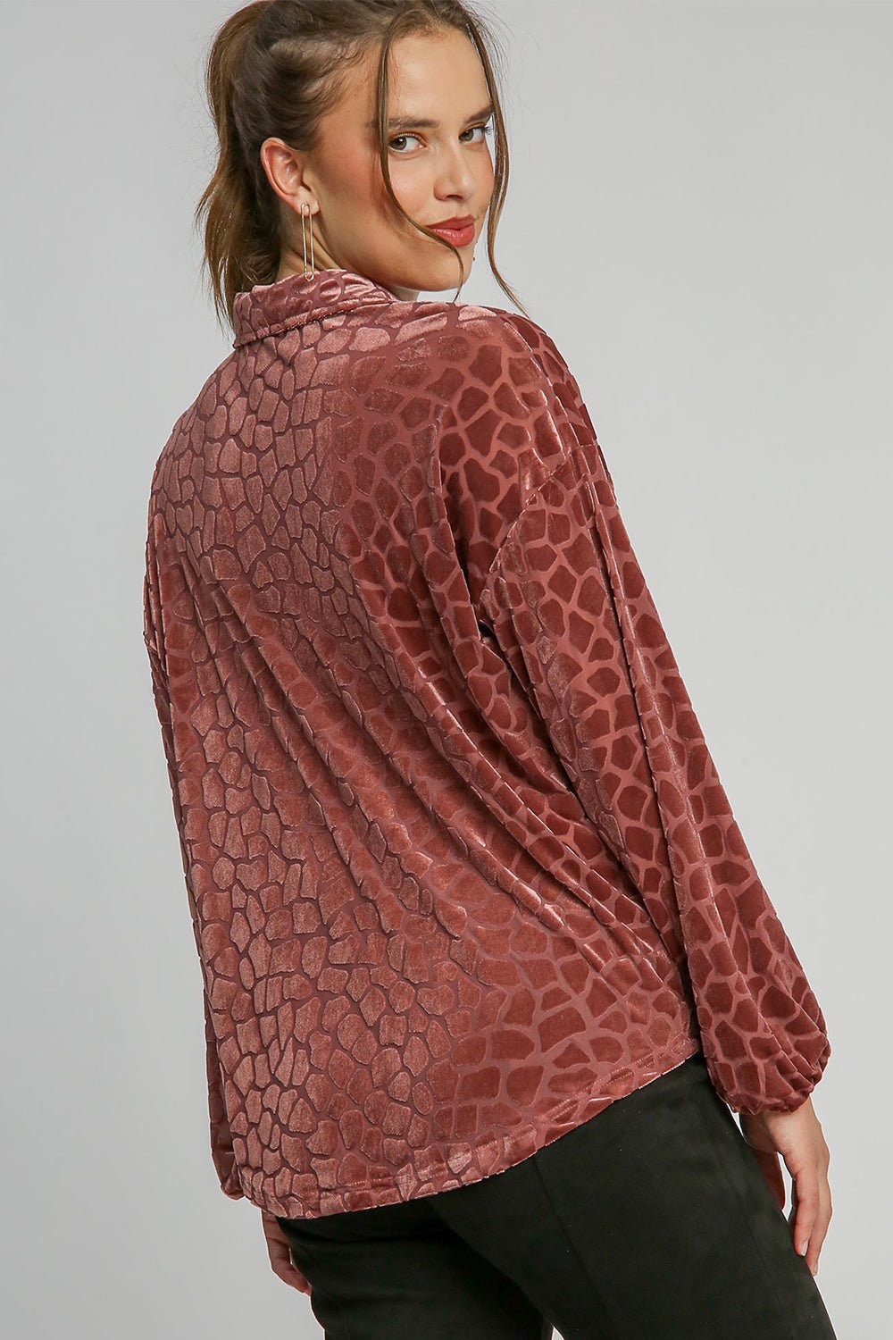 UMGEE - Animal Print Button Up Velvet Shirt in Rosewood