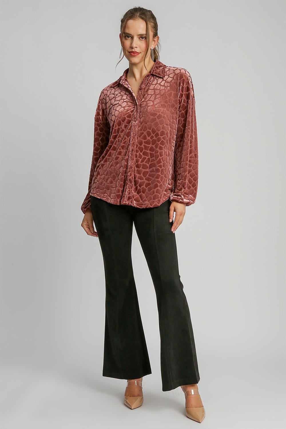 UMGEE - Animal Print Button Up Velvet Shirt in Rosewood