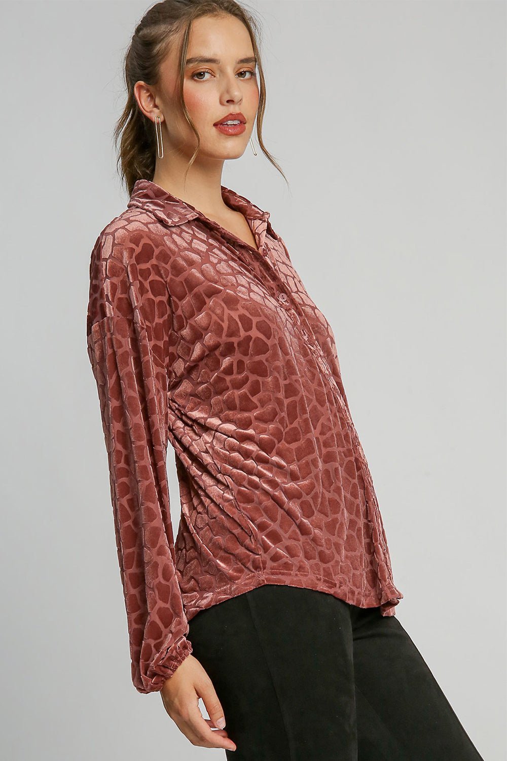 UMGEE - Animal Print Button Up Velvet Shirt in Rosewood