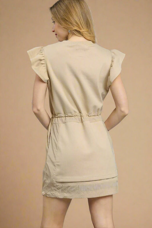 UMGEE - Beige Flutter Sleeve Tie Waist Mini Dress