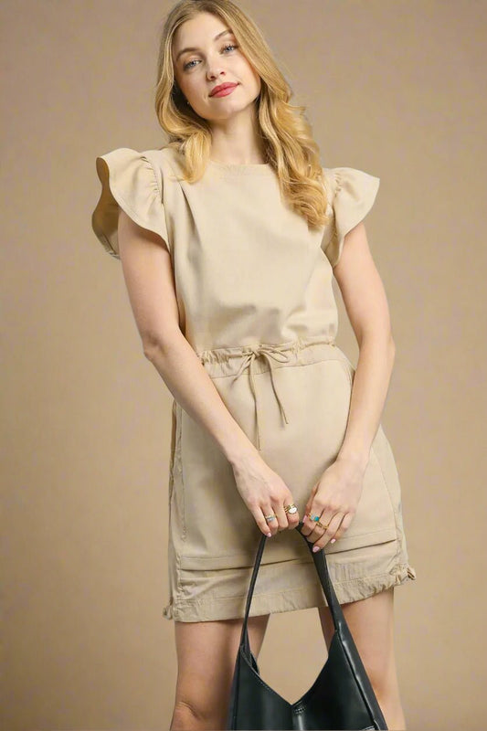 UMGEE - Beige Flutter Sleeve Tie Waist Mini Dress