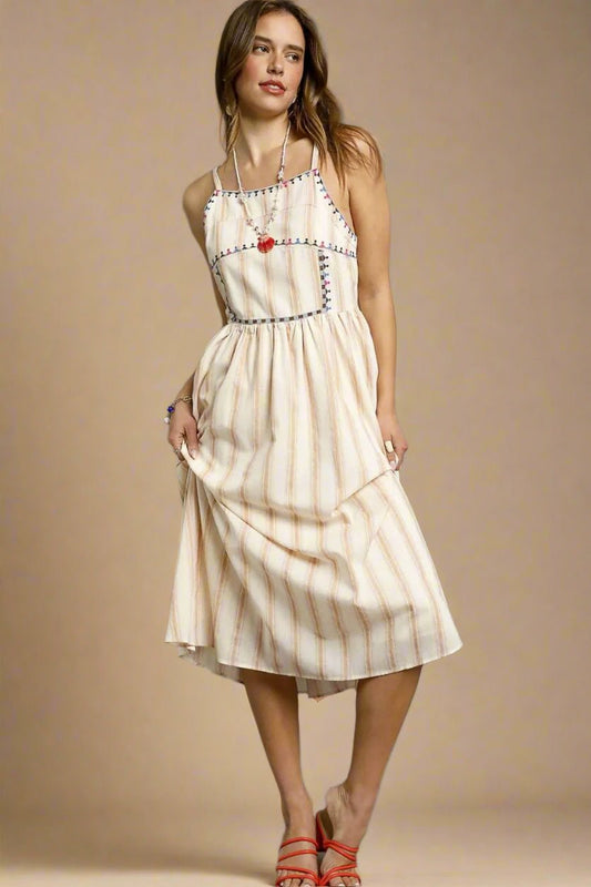 UMGEE - Beige & Ivory Striped Smocked Midi Dress