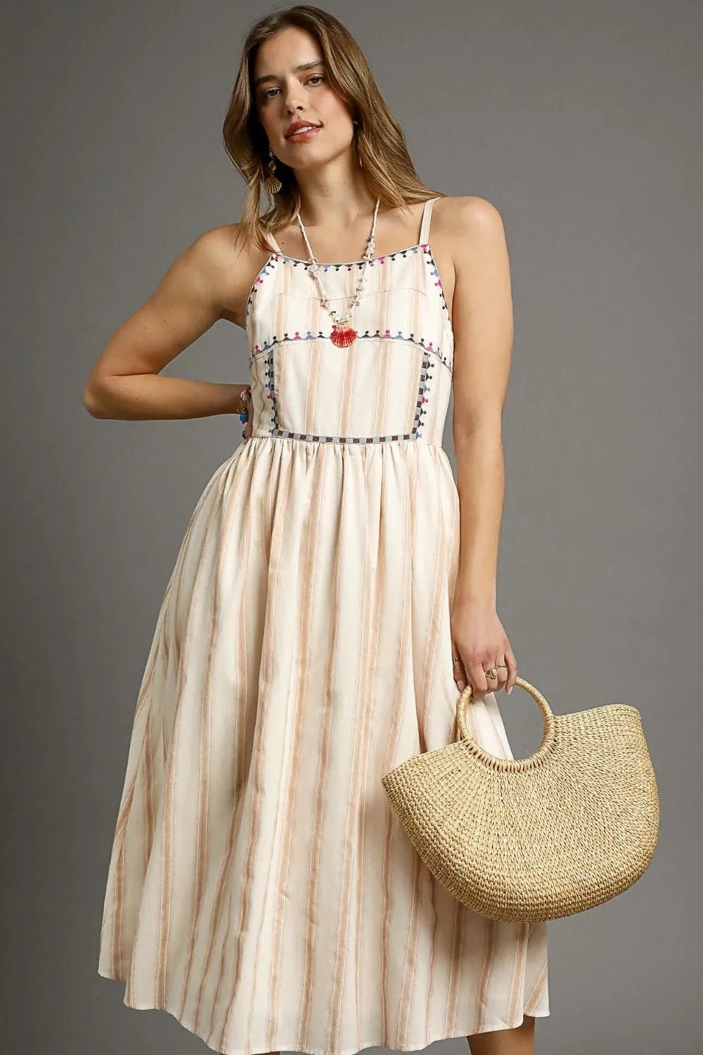 UMGEE - Beige & Ivory Striped Smocked Midi Dress