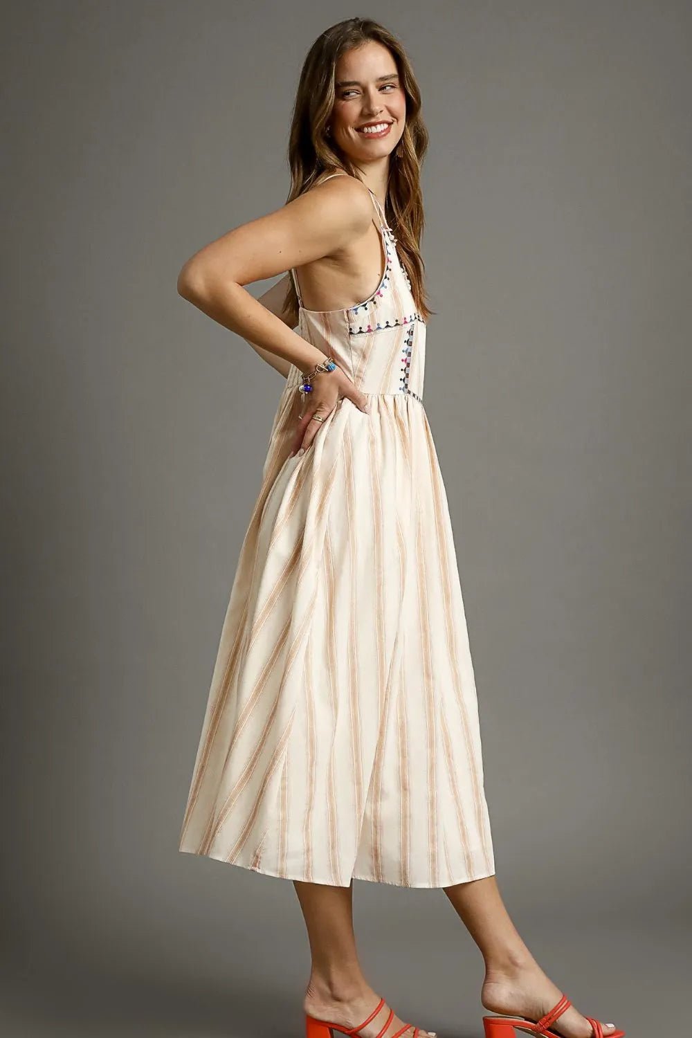 UMGEE - Beige & Ivory Striped Smocked Midi Dress