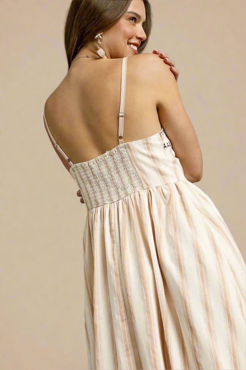UMGEE - Beige & Ivory Striped Smocked Midi Dress