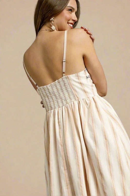 UMGEE - Beige & Ivory Striped Smocked Midi Dress