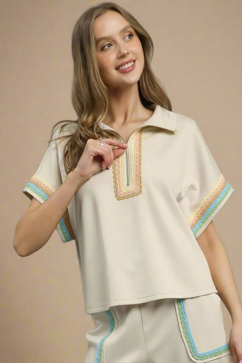 UMGEE - Beige Rainbow Trim Half Zip Top