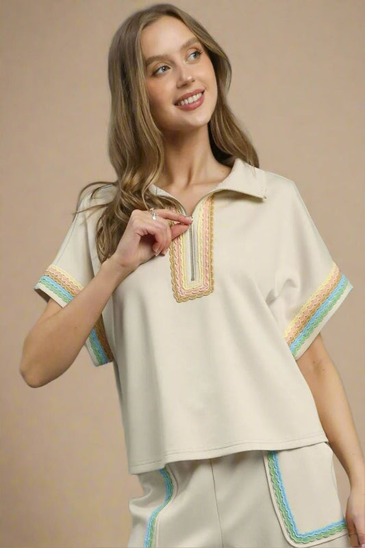 UMGEE - Beige Rainbow Trim Half Zip Top