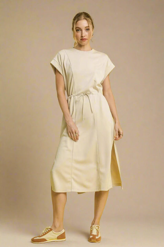 UMGEE - Beige Short Sleeve Tie Waist Midi Dress