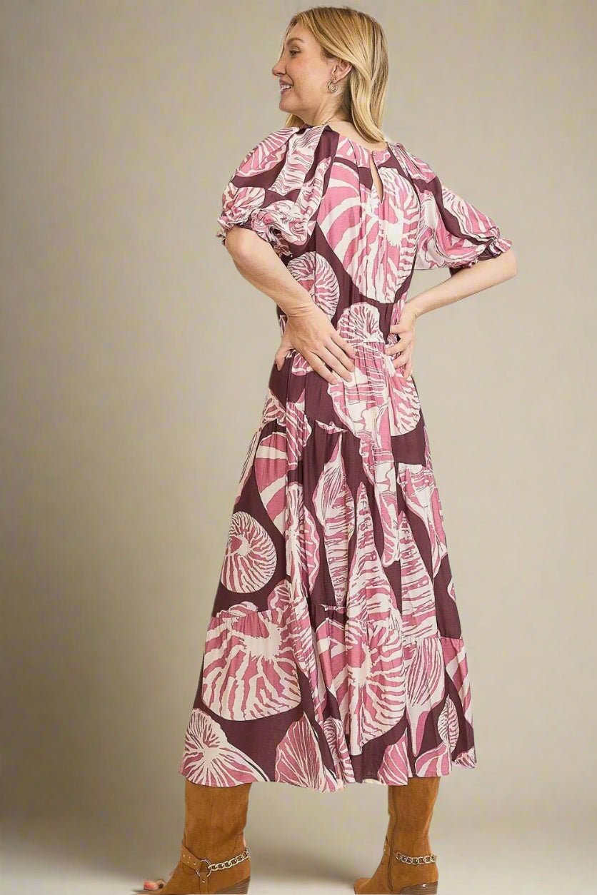 UMGEE - Berry Shell Print Puff Sleeve Midi Dress