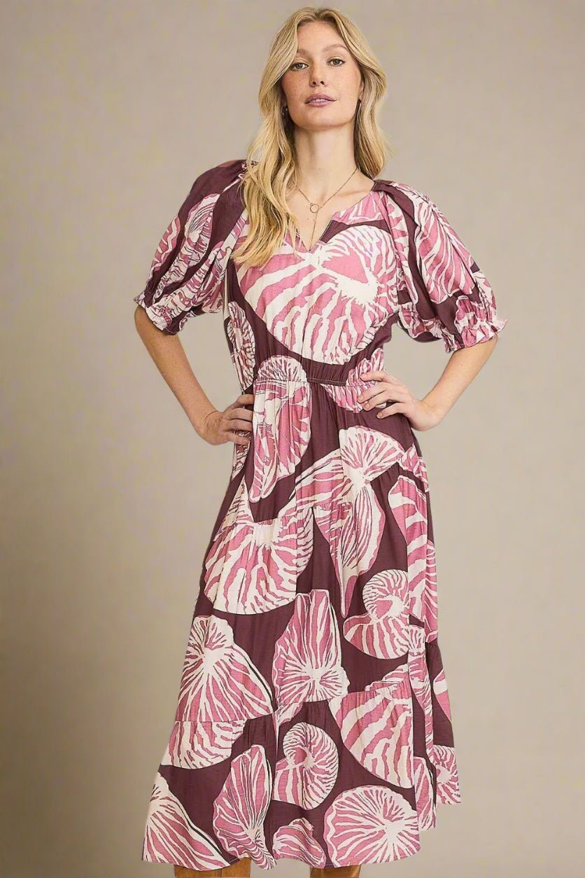 UMGEE - Berry Shell Print Puff Sleeve Midi Dress