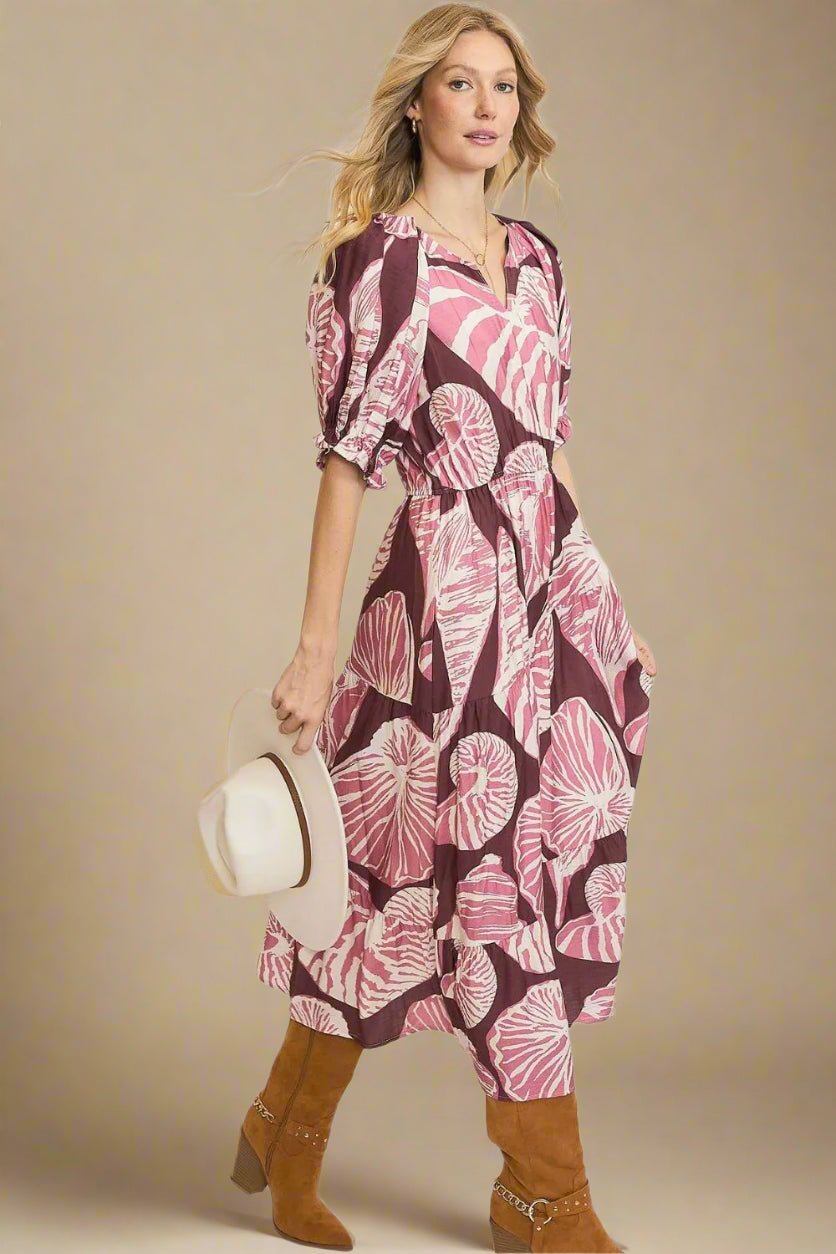 UMGEE - Berry Shell Print Puff Sleeve Midi Dress