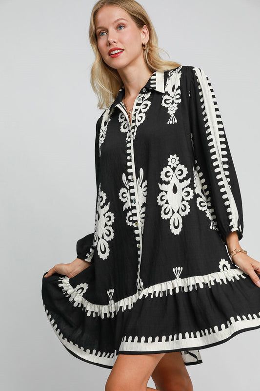 UMGEE - Black Border Print Button Down Mini Dress