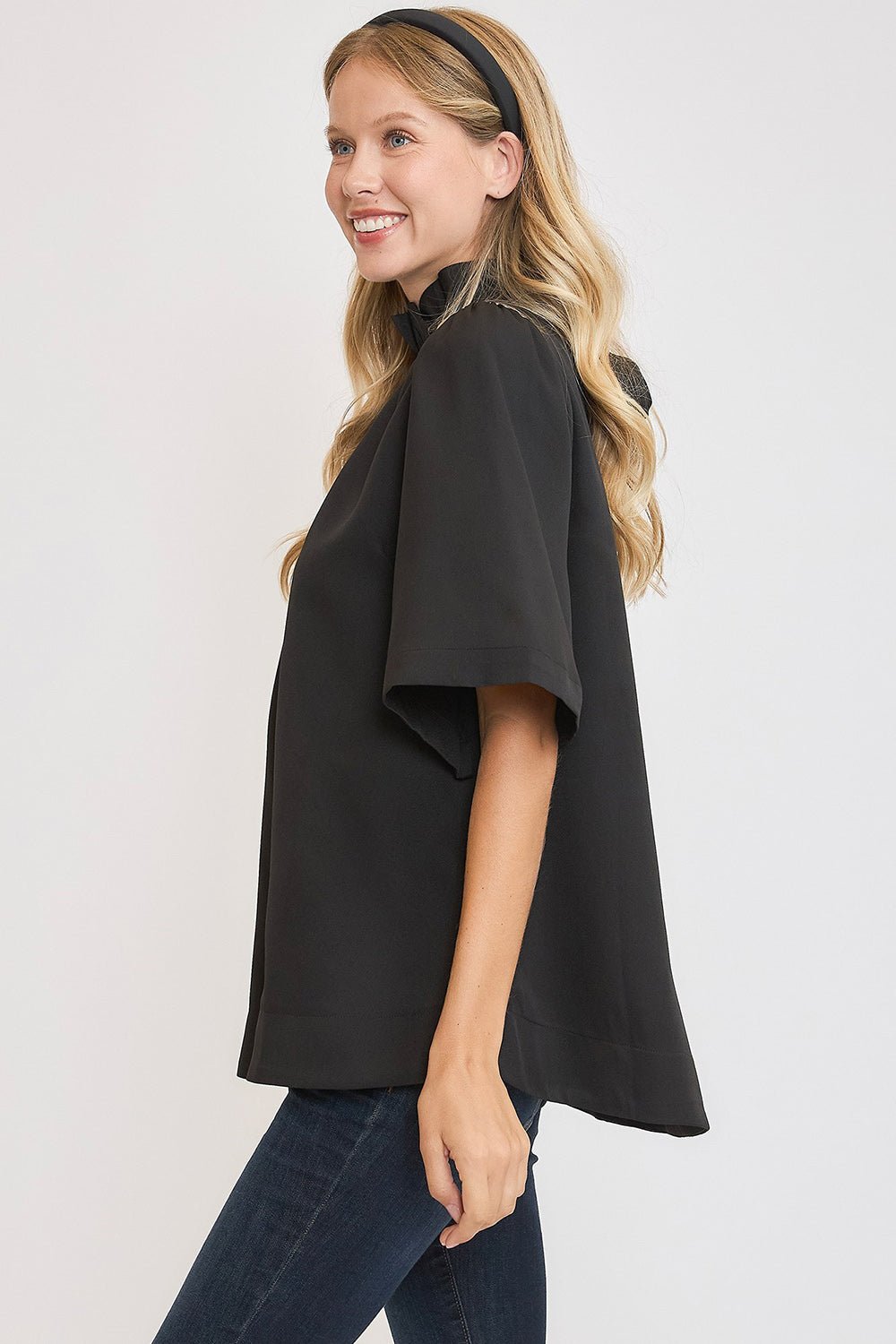 UMGEE - Black Bow Tie Back Mock Neck Blouse