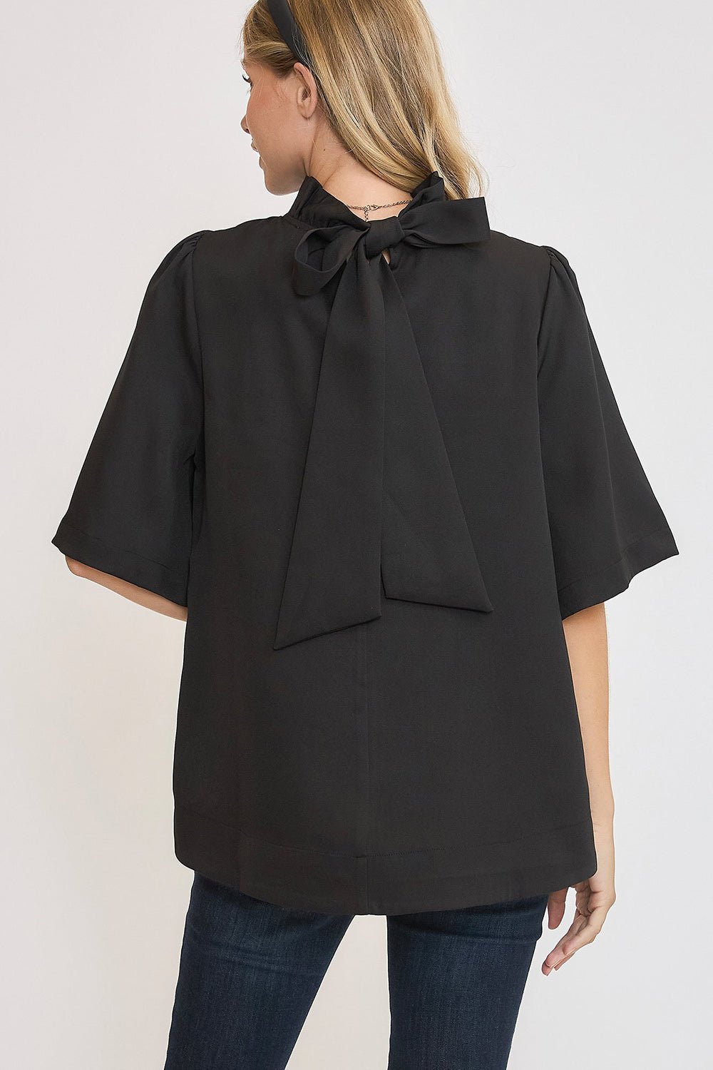 UMGEE - Black Bow Tie Back Mock Neck Blouse