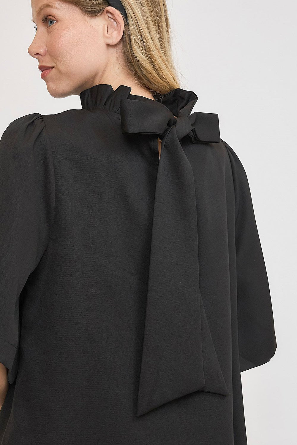 UMGEE - Black Bow Tie Back Mock Neck Blouse