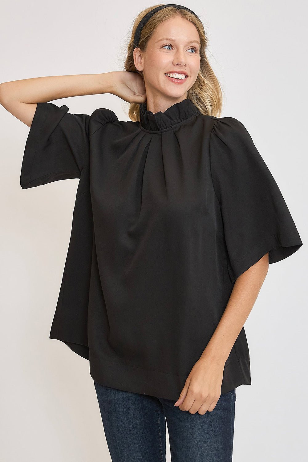 UMGEE - Black Bow Tie Back Mock Neck Blouse