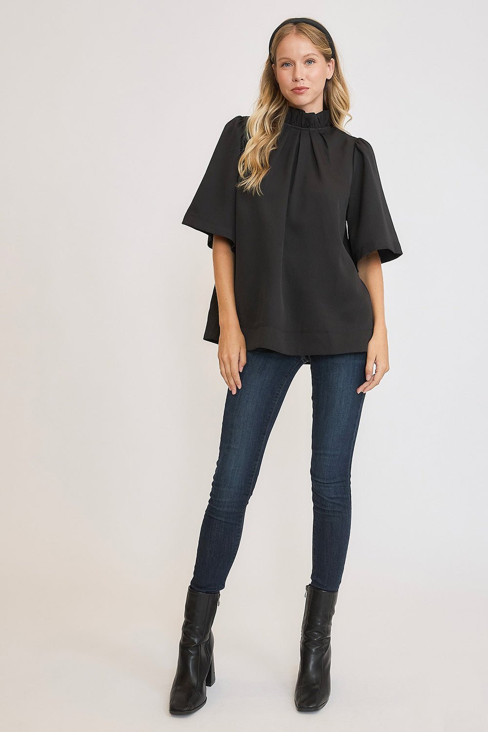 UMGEE - Black Bow Tie Back Mock Neck Blouse