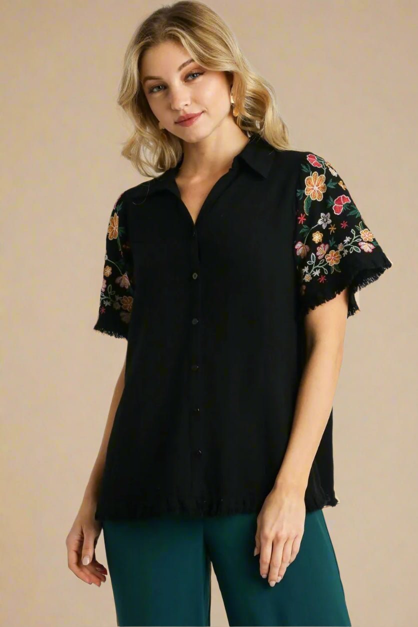 UMGEE - Black Button - Up Shirt with Embroidered Sleeves