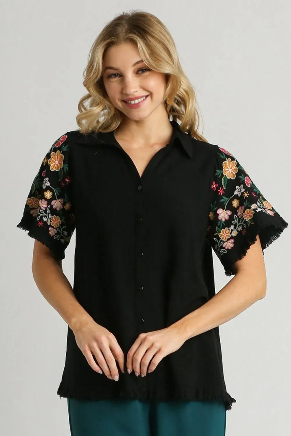 UMGEE - Black Button - Up Shirt with Embroidered Sleeves