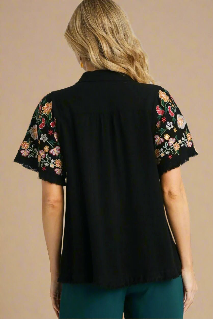UMGEE - Black Button - Up Shirt with Embroidered Sleeves