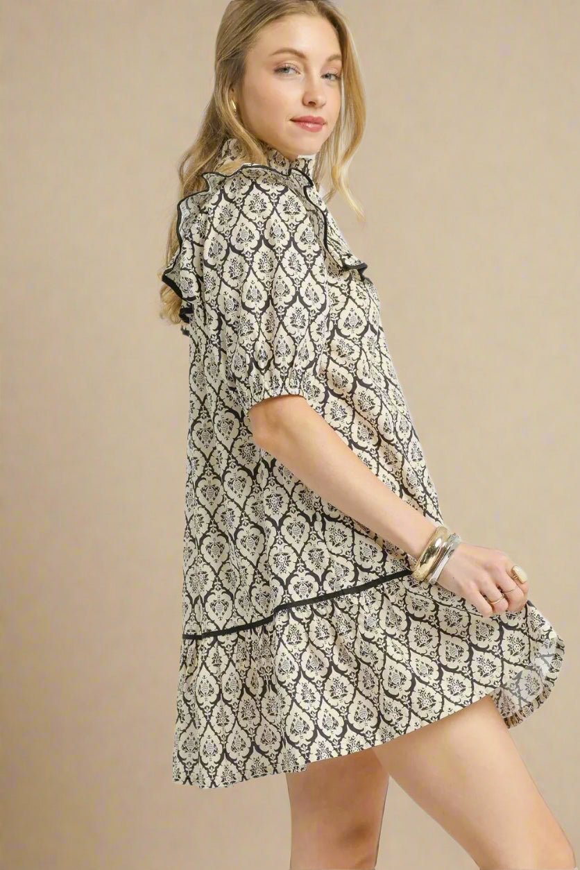 UMGEE - Black & Cream Ruffle Collar Puff Sleeve Mini Dress