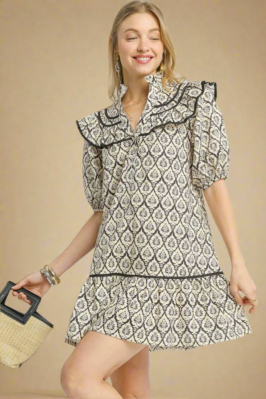 UMGEE - Black & Cream Ruffle Collar Puff Sleeve Mini Dress