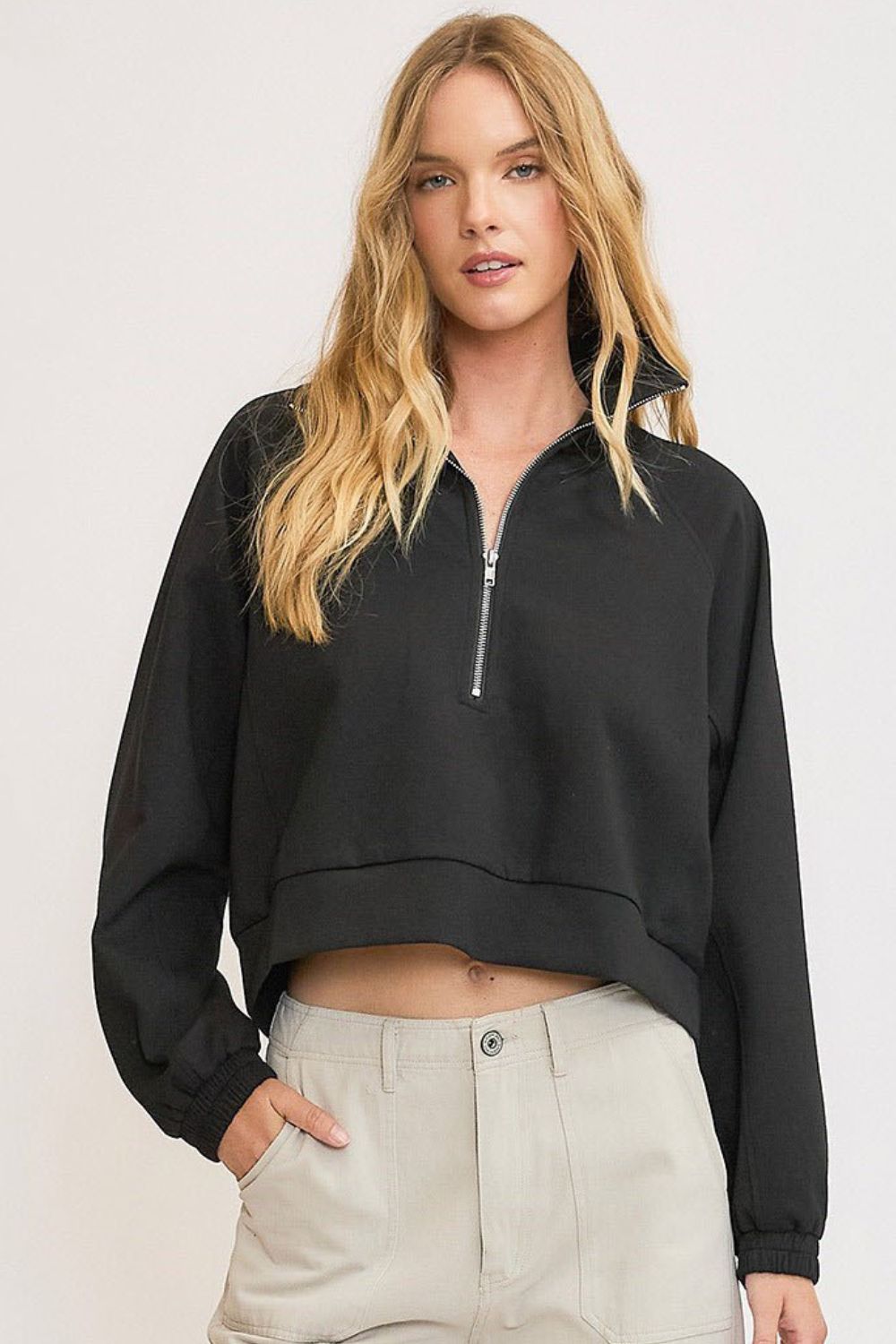 UMGEE - Black Cropped Half - Zip Pullover Sweatshirt