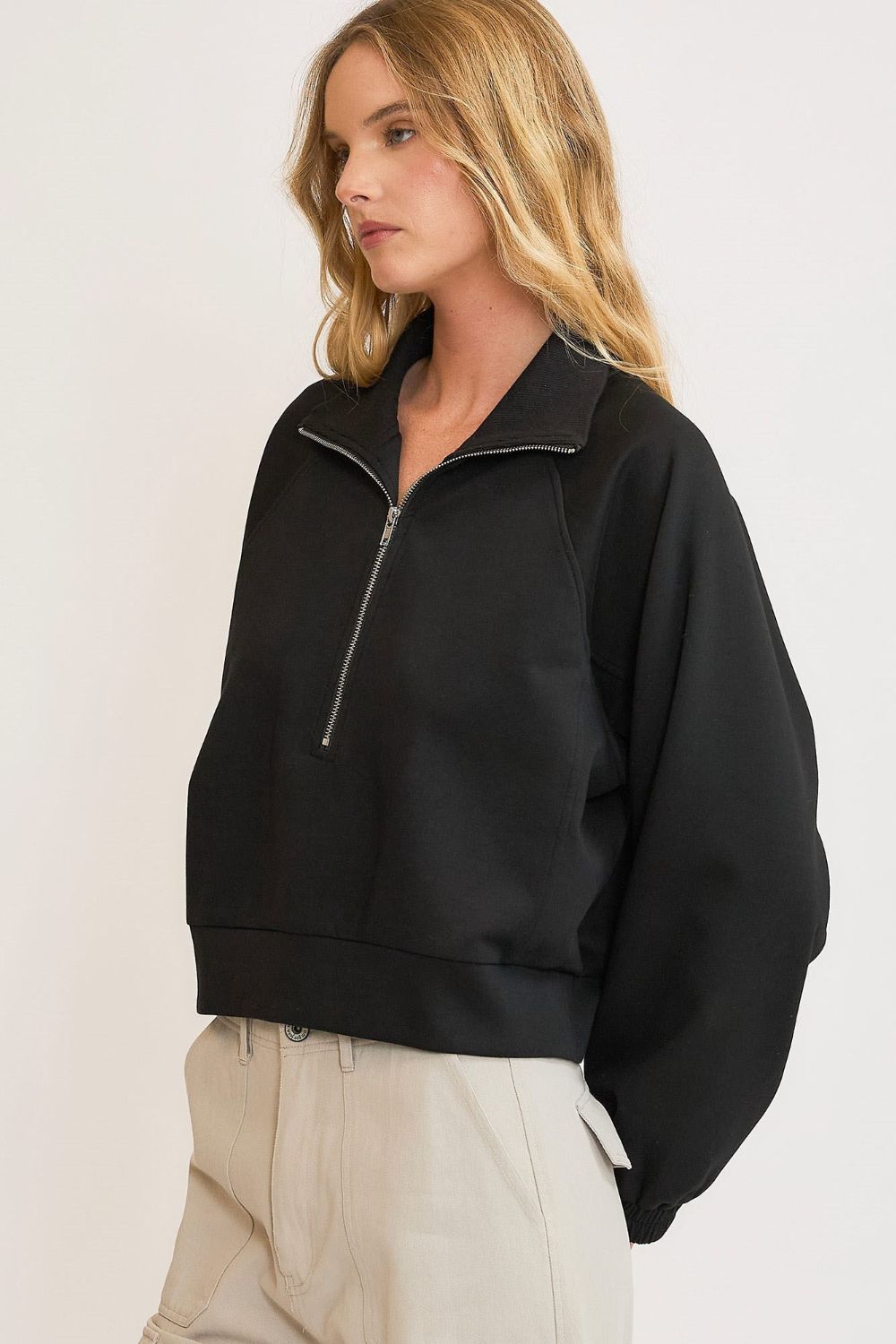 UMGEE - Black Cropped Half - Zip Pullover Sweatshirt