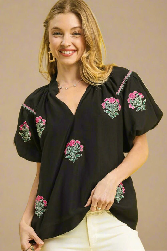 UMGEE - Black Embroidered Floral Short Sleeve Top