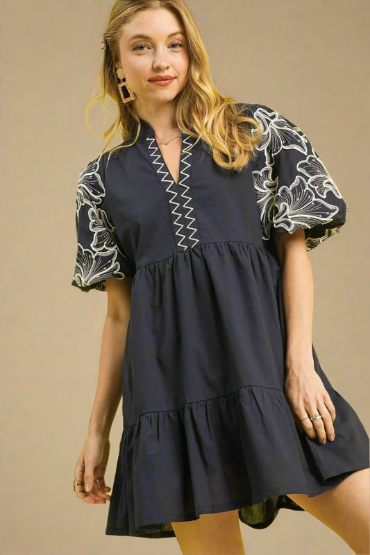 UMGEE - Black Embroidered Puff Sleeve Mini Dress