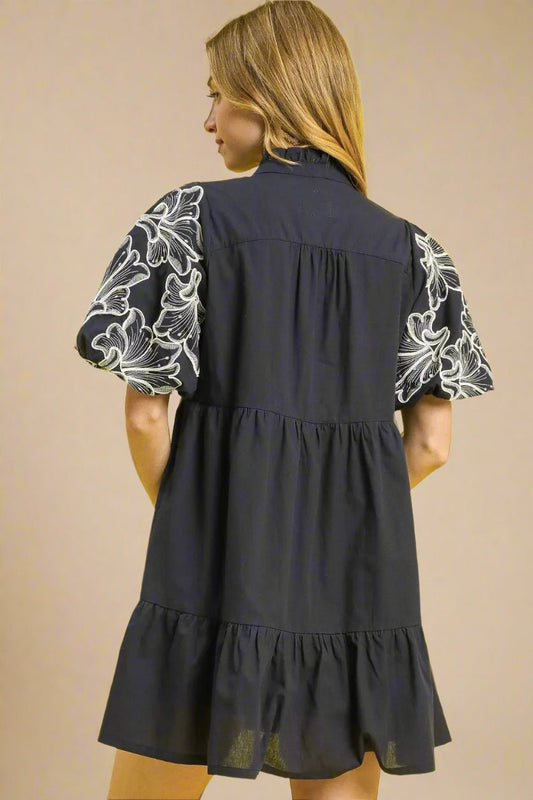 UMGEE - Black Embroidered Puff Sleeve Mini Dress
