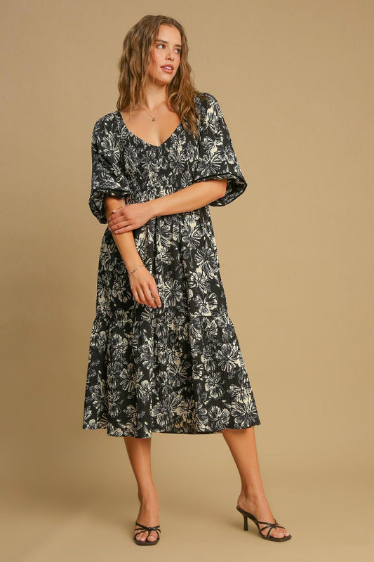 UMGEE - Black Floral Ruffle Hem V - Neck Midi Dress