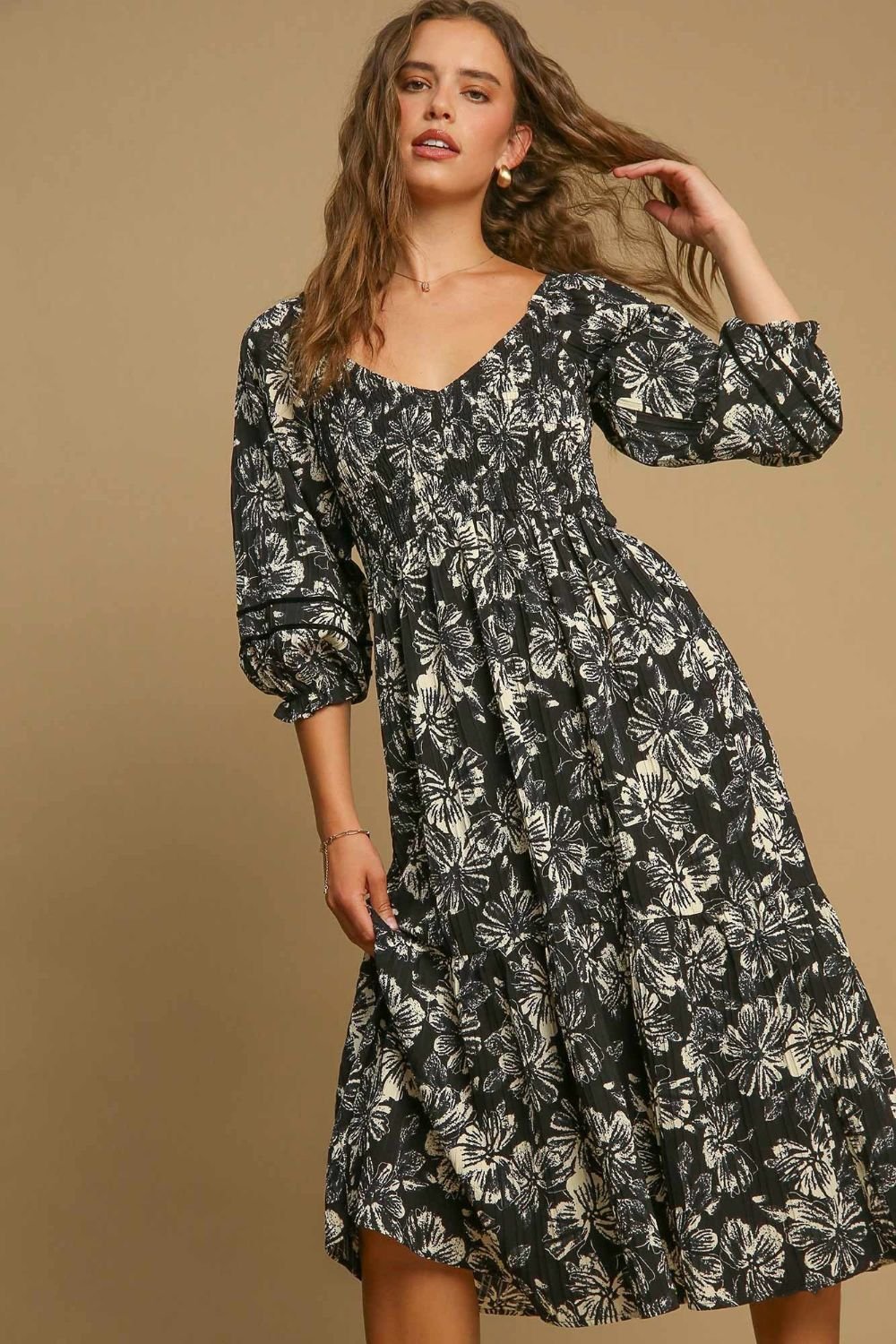 UMGEE - Black Floral Ruffle Hem V - Neck Midi Dress