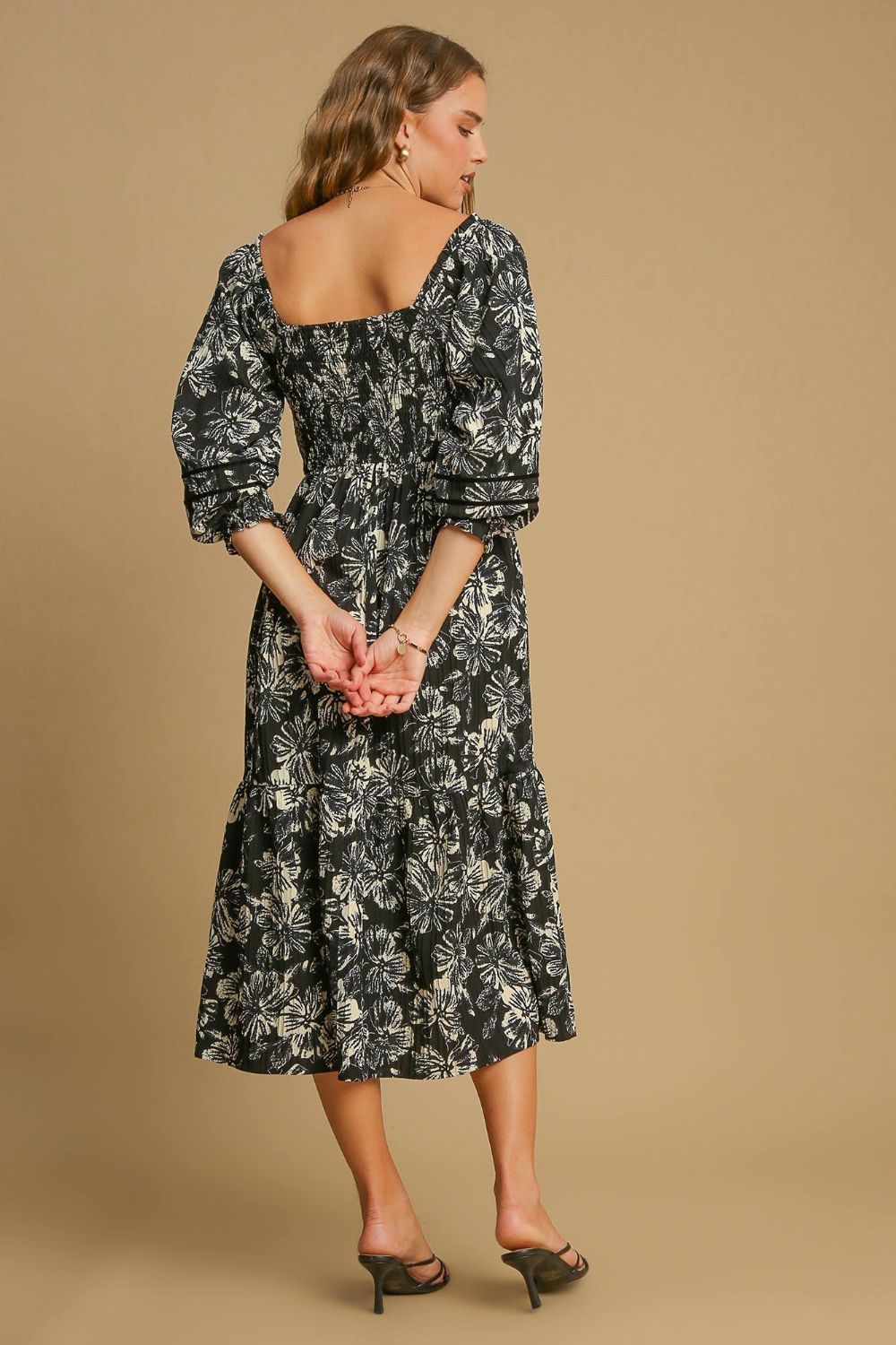 UMGEE - Black Floral Ruffle Hem V - Neck Midi Dress