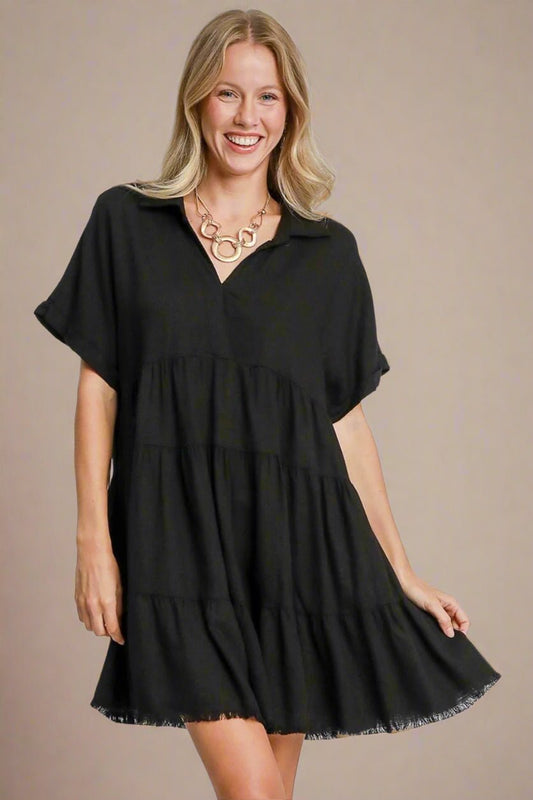 UMGEE - Black Frayed Hem Collared Tiered Mini Dress