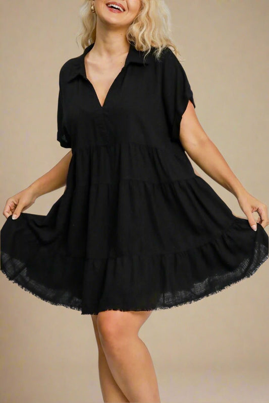 UMGEE - Black Frayed Hem Collared Tiered Mini Dress