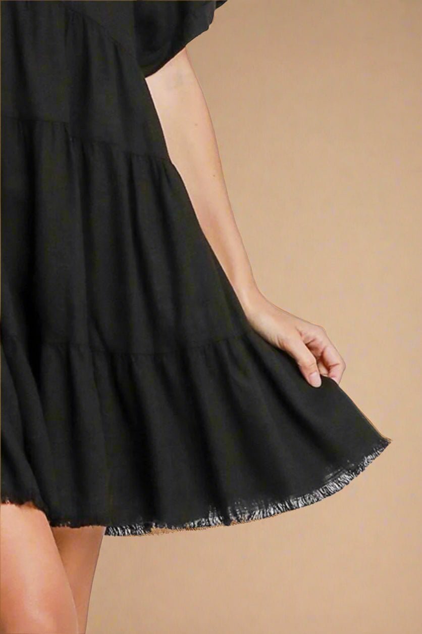 UMGEE - Black Frayed Hem Collared Tiered Mini Dress