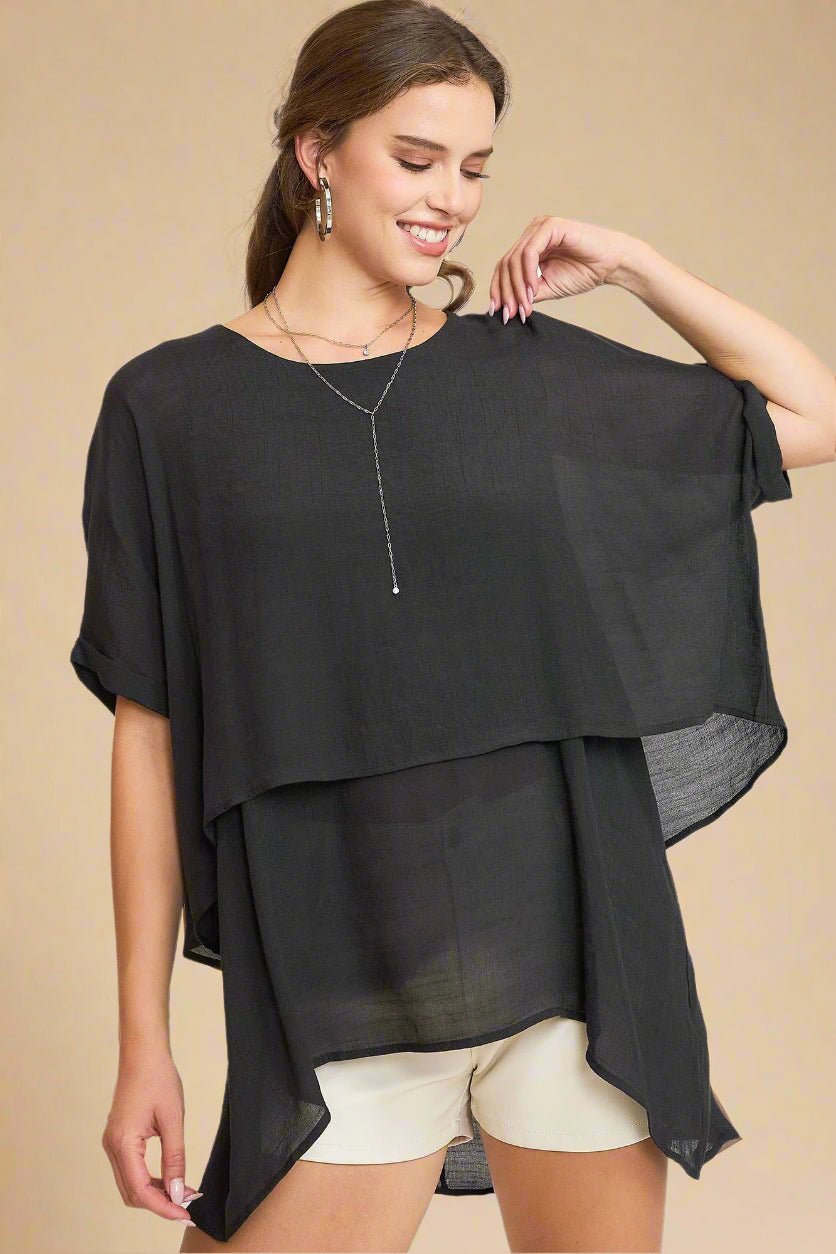 UMGEE - Black Gauze Layered Sheer Hi - Low Drape Blouse