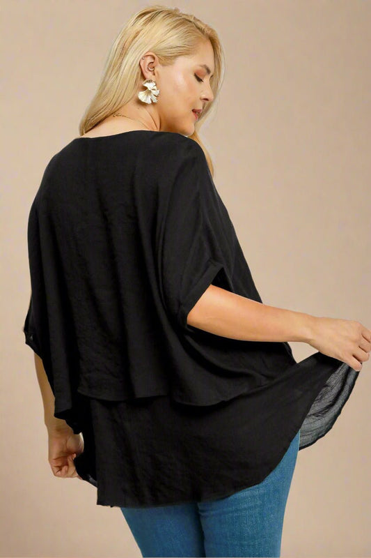 UMGEE - Black Gauze Layered Sheer Hi - Low Drape Blouse
