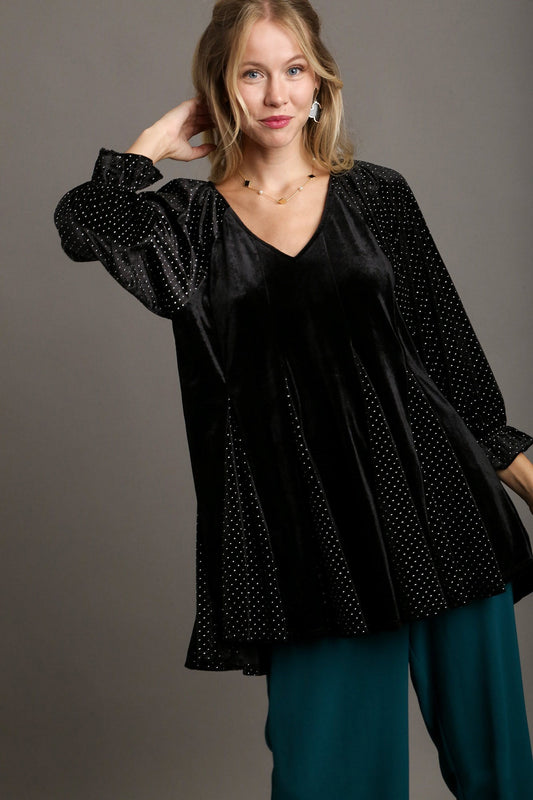 UMGEE - Black Godet Hem Polka Dot Velvet Blouse