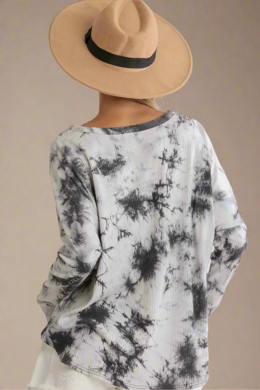 UMGEE - Black & Gray Tie - Dye Ribbed Henley Long Sleeve Top