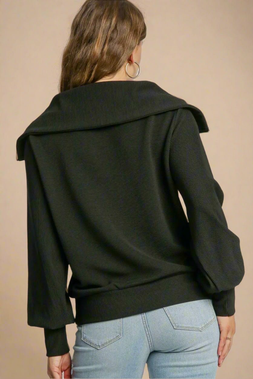 UMGEE - Black Half Zip Rib Knit Pullover Sweatshirt