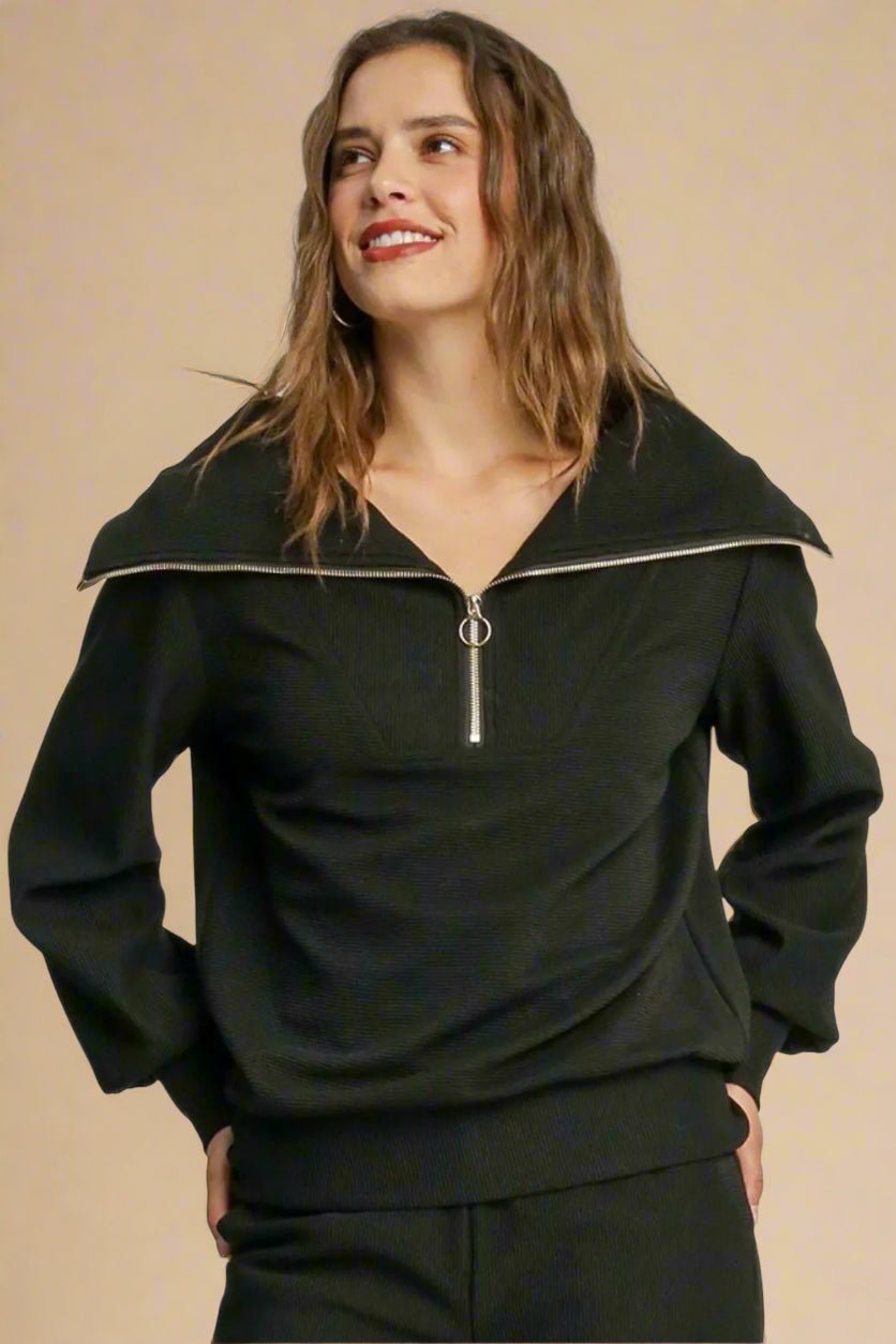 UMGEE - Black Half Zip Rib Knit Pullover Sweatshirt