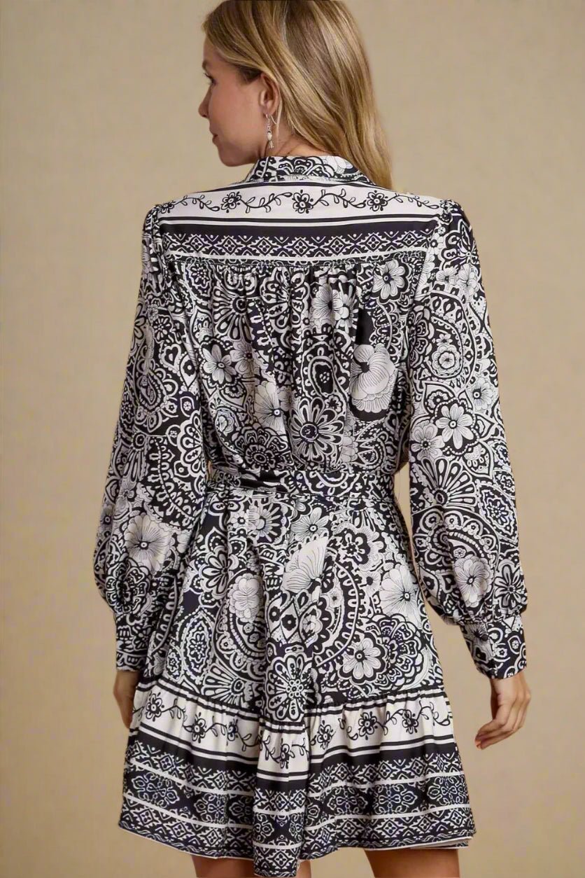 UMGEE - Black & Ivory Paisley Shirt Dress with Tie Waist